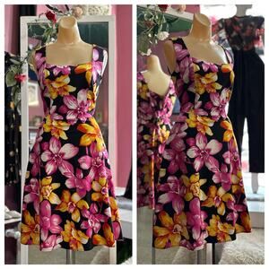 Vintage 90s Y2K Does 50s Mini Dress Floral Print Pink Yellow Sleeveless M/L